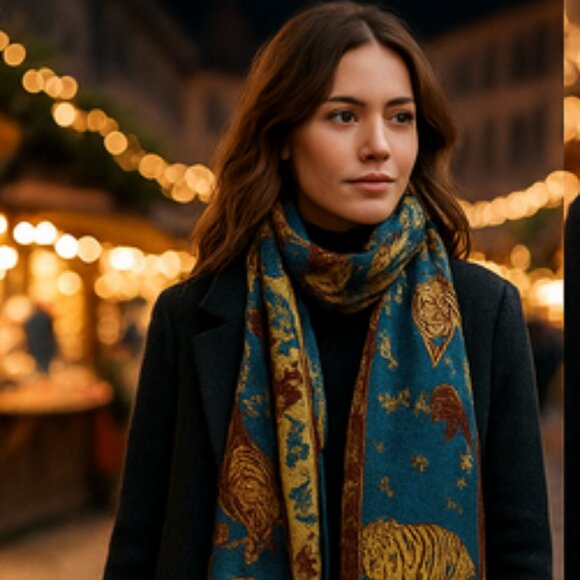 Vintage Wildlife Jacquard Pashmina-Style Shawl – Tigers, Elephants & Birds – Rev - Picture 1 of 16